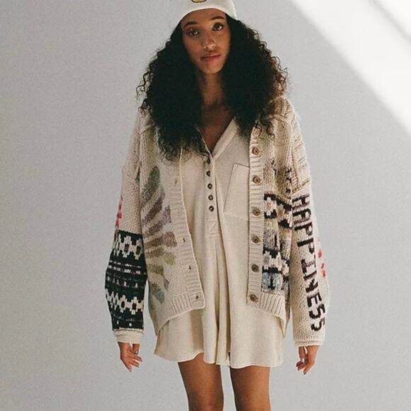 UO Kimchi Blue “Happiness” Chunky Knit Cardigan Sweater Y2K Cream Multi Size S - Picture 15 of 15